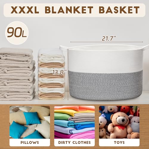 XXXLarge Woven Cotton Rope Basket (21.7" x 13.8") 90L – Blanket Basket for Living Room, Laundry Hamper, Baby Laundry Hamper, Toy Storage, Pillows & Cushions Organizer (White&Grey) - color: White&Grey