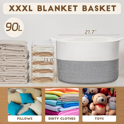 XXXLarge Woven Cotton Rope Basket (21.7" x 13.8") 90L – Blanket Basket for Living Room, Laundry Hamper, Baby Laundry Hamper, Toy Storage, Pillows & Cushions Organizer (White&Grey) - color: White&Grey