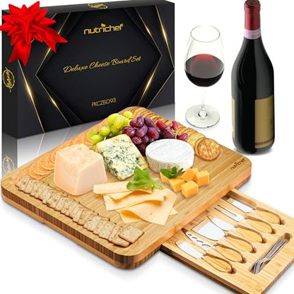 NutriChef Natural Bamboo Cheese Board Set with Bonus Condiment Cup-Extra Large Size 100% Home Organic Wooden Plate and Charcuterie Tray with 4 pcs Cutting Knife Slicer - style: Square with Gift Box