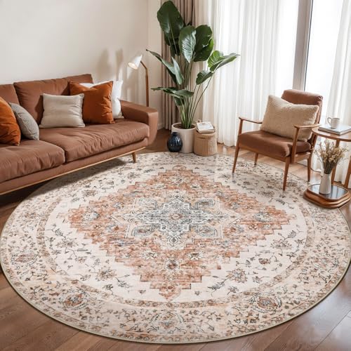 Ciicool 6ft Round Boho Large Area Rug,Washable Circle Rugs for Living Room | Vintage Non-Slip Oriental Low-Pile Carpet Soft Pet Friendly Throw Indoor Mat for Dining Room Kitchen Bedroom - color: Vintage Cream/Brick, size: 6' (Round)