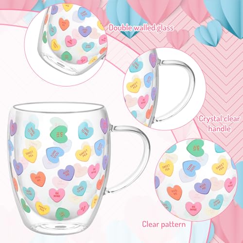 JarThenaAMCS Valentine' s Day Double Wall Glass Coffee Mugs Insulated Glasses 12Oz Candy Conversation Heart Clear Espresso Cups with Handle for Home Holiday Supplies, Set of 2 - style: Pastel Conversation Heart