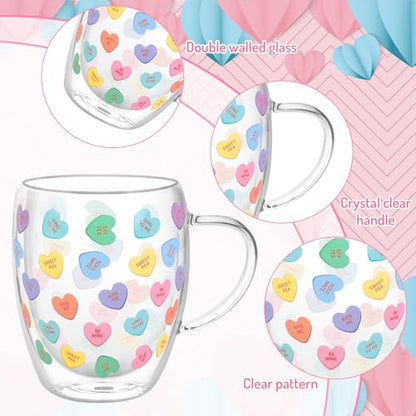 JarThenaAMCS Valentine' s Day Double Wall Glass Coffee Mugs Insulated Glasses 12Oz Candy Conversation Heart Clear Espresso Cups with Handle for Home Holiday Supplies, Set of 2 - style: Pastel Conversation Heart