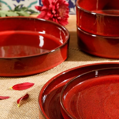 Two Time Oprah's Favorite Things Winner - Santorini Mist Double Bowl Terracotta Reactive Glaze Plates and Bowls Dinnerware Set - Garnet Red, Service for Four (16pcs) - color: Garnet Red