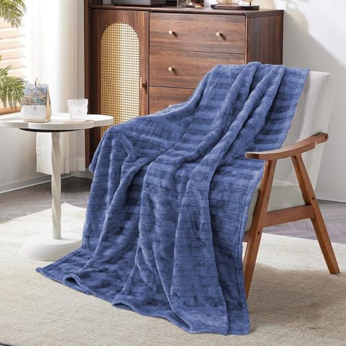 3-Pack Fleece Throw Blankets 50x60, 300GSM Ultra Soft Flannel, Siro-Spun Yarn Dual-Tone Textured Design, Lightweight Warm Couch Sofa Bed Blankets, No Shedding All Season (Navy Blue) - color: Siro Yarn Navy Blue