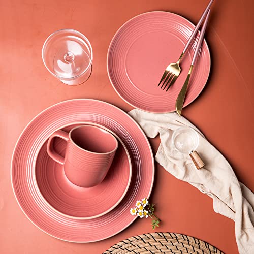 Arora RINGAR Round Stoneware 16pc Dinnerware Set of 4, Dinner Plates, Side Plates, Cereal Bowls, Mugs - Speckle Matte Red (395476) - color: Speckle Matte Red-Bowl/Mug, style: Round-Service for 4(16pcs)