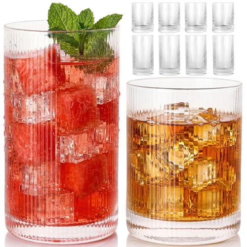 JOVGANK Drinking Glasses Set of 8 – Lead-Free Crystal Glassware, 4 Tall 15oz & 4 Short 10oz Vintage Ribbed Tumbler Glasses, Dishwasher Safe, for Juice Beer Cocktails, Great Housewarming Gift, Set A - style: H