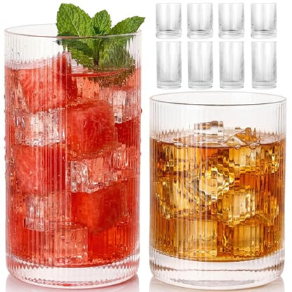JOVGANK Drinking Glasses Set of 8 – Lead-Free Crystal Glassware, 4 Tall 15oz & 4 Short 10oz Vintage Ribbed Tumbler Glasses, Dishwasher Safe, for Juice Beer Cocktails, Great Housewarming Gift, Set A - style: H
