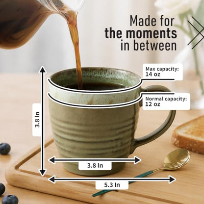 Ava Nord Reactive Glaze Stoneware Ceramic Coffee Mugs 4 Pack - 14oz - Green | Lead-Free, Non-Toxic, Handcrafted, Coffee Mug Set for Tea Latte Cappuccino Cocoa Hot Chocolate, Microwave & Dishwasher Safe - color: Reactive Glaze - Green
