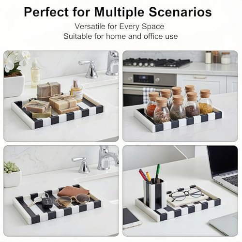 Striped Marble Tray 12", Black White Stone Vanity Organizer | Natural Marble, Bold Striped Veining, for Jewelry and Perfume, on Bathroom Vanity and Dresser, Non-Slip Base - color: Black & White
