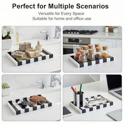 Striped Marble Tray 12", Black White Stone Vanity Organizer | Natural Marble, Bold Striped Veining, for Jewelry and Perfume, on Bathroom Vanity and Dresser, Non-Slip Base - color: Black & White