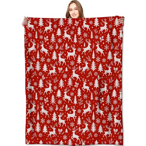 Red and White Reindeer Blanket Christmas Holiday Decor Winter Forest Xmas Throw Gifts for Adults Lightweight Soft Fleece Snowflakes Pine Tree Blankets for Bed Couch Festive Decoration 50x60in - color: Reindeer 02, size: 50x60in