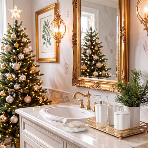 Zhehao Scalloped Bathroom Ceramic Accessories Set 4 Pcs Bathroom Accessory Sets with Toothbrush Holder Soap Dispenser Soap Dish Cotton Swab Jar Bathrooms Countertop Organizer(Gold) - color: Gold