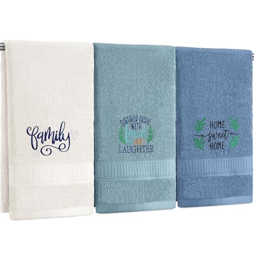 3 Pcs Hand Towels Bathroom Set,Blue,Home, Love, Family | Embroidered Cotton Farmhouse Towels, Kitchen Decor, Rustic Boho Decorative with Text Labels, Guest Bath Home - color: Blue, style: Home Love Family