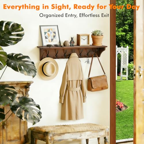 33" Coat Rack with Shelf Wall Mount, Pre-Assembled Solid Wood Coat Hooks with Shelf, Wall Coat Hanger with 7 Metal Triple-Hooks for Hanging Hat,Key,Clothes,Towel, for Entryway,Bedroom,Bathroom,Charred - color: Charred