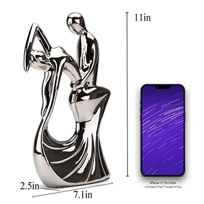 Romantic Couple Dancing Sculpture, Silver Electroplated Ceramic, 11in(H) | Abstract Modern Statue, Smooth Finish, Home Shelf Desk Decoration, Wedding Gift, Collectible Figurine