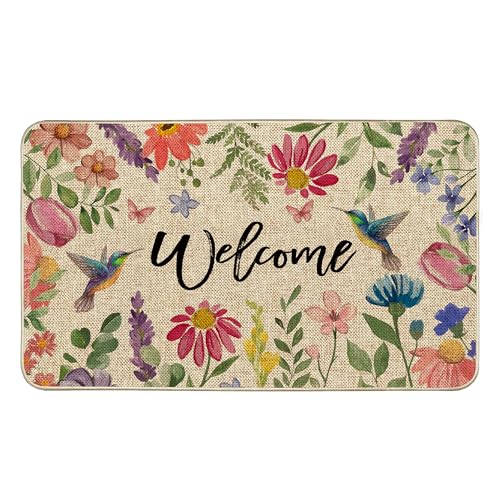 Wildfloral Doormat Spring Summer Decorative Low Profile Floor Rug | Hummingbird Flower Welcome 17 x 29 Inch Door mat, Seasonal Non-Slip Front Doormats, Rubber Backing Entry Rugs Decor for Home