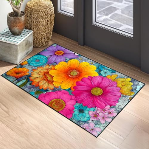 Floral Area Rug 2x3 ft Entry Rug Washable Boho Rugs Non Slip Low Pile Spring Floral Door Mat Small Carpet for Bedroom, Bedside, Kids Room, Office, Dining Room - color: Colorful Flower, size: 2' x 3' (Rectangular)
