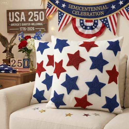 4th of July Patriotic Pillow Covers with Red Blue Stars Embroidered | Pillow Covers 18x18 Independence Day Decor | Tufted Patterned Linen Cushion Case for Couch Sofa