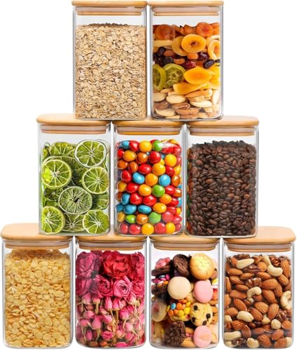 ComSaf Square Glass Containers With Lids 1.2 Qt, Set of 9 Pantry Galss Jars | Food Storage Jar, Kitchen Canisters, Storage Container, Bamboo Lid with Silicone Seal, Cookie, Flour, Spice, Coffee, BPA Free - size: 1.2Qt*9