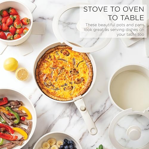 Country Kitchen Cookware Set with Removable Handle, Oven & RV Safe Pots and Pans Set, Cream, Deluxe Larger Set - color: Cream, size: Larger