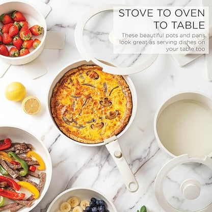 Country Kitchen Cookware Set with Removable Handle, Oven & RV Safe Pots and Pans Set, Cream, Deluxe Larger Set - color: Cream, size: Larger