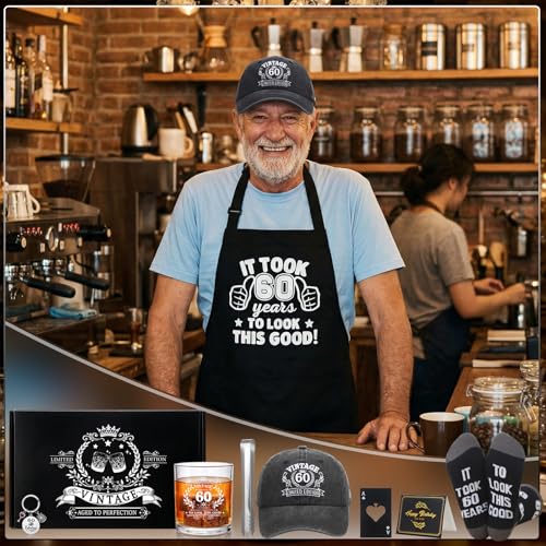 60th Birthday Gifts for Men 60th Birthday Party Supplies | Include 11 Oz Glass Stone Ice Tong Bottle Opener Cap Apron Socks Keychain Greeting Card for Him, Dad, Husband, Friends - style: 60th