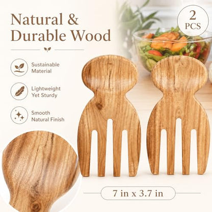 Wooden Salad Tongs 2 Pieces 6.69" x 3" Servers For Tossing Kitchen Utensils | Natural Wood, Lightweight, Gentle On Non-Stick Cookware, Warm And Elegant