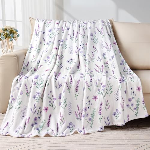 Purple Lavender Floral Throw Blanket Flower Botanical Throw Blankets Ultra Soft Cozy Flannel Throw Blanket Lightweight Fleece Fuzzy Plush Throw Blankets for Bed Chair Couch 50" X 60" - color: Purple Lavender Floral, size: 50" X 60"