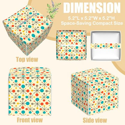 Mid Century Modern Atomic Tissue Box Cover Square, Retro Tissue Box Holder with Bottom Belt Leather Facial Paper Organizer Dispenser for Bathroom Bedroom Dresser Night Stand Tabletop - color: Mid Century Modern Atomic