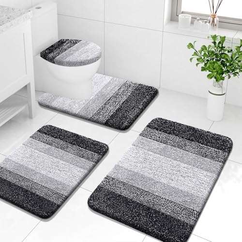 Arotive Microfiber Bathroom Rugs Sets 4 Piece, 24x16+30x20+24x20+17.5x15 | Black, Soft Absorbent Bath Mats, Machine Wash Dry U-Shaped Contour Rug and Toilet Lid Cover for Bathroom - color: Black, size: 30" X 20" + 24" X 16" + 24" X 20" + 17.5" X 15"