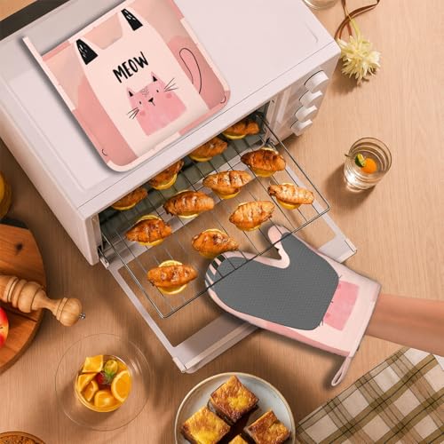 Cute Pink Cat Oven Mitts and Pot Holders Sets Smile Face Silicone Heat Resistant Kitchen Oven Gloves Pot Holder for Cooking Baking Grilling BBQ - color: Cute Pink Cat
