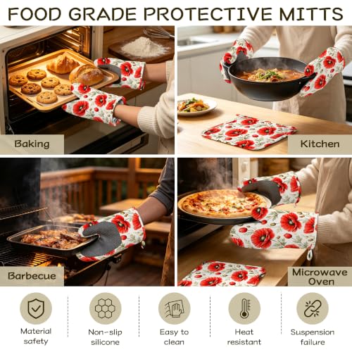 Red Poppy Flowers Oven Mitts and Pot Holders Sets of 4, Heat Resistant Silicone Oven Mitts Gloves Non-Slip Kitchen Mittens Potholders for Cooking Baking Grilling BBQ - color: Red Poppy Flowers