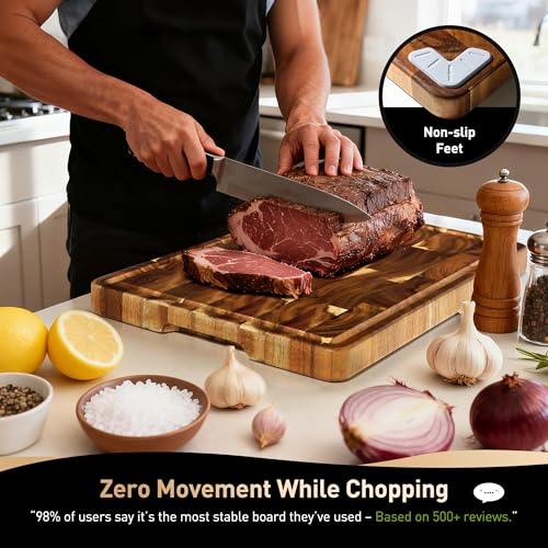 Extra Large End Grain Cutting Board for Kitchen with Non-slip Feet, Acacia Wood Heavy Duty Checkered Cutting Board with Juice Groove & Handle Handcrafted Luxury Chopping Board for Meat, Vegetables - size: 24"L x 18"W