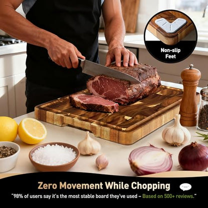 Extra Large End Grain Cutting Board for Kitchen with Non-slip Feet, Acacia Wood Heavy Duty Checkered Cutting Board with Juice Groove & Handle Handcrafted Luxury Chopping Board for Meat, Vegetables - size: 24"L x 18"W