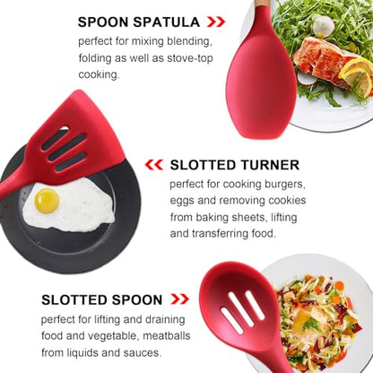 Kitchen Cooking Utensils Set 6Pcs Heat Resistant Silicone Kitchen Utensils Spatula Spoon Turner Ladle w Wooden Handle, BPA FREE Silicone Cooking Tool Gadget Set for Nonstick Cookware & Baking - color: Red, size: Standard 6-Piece Set
