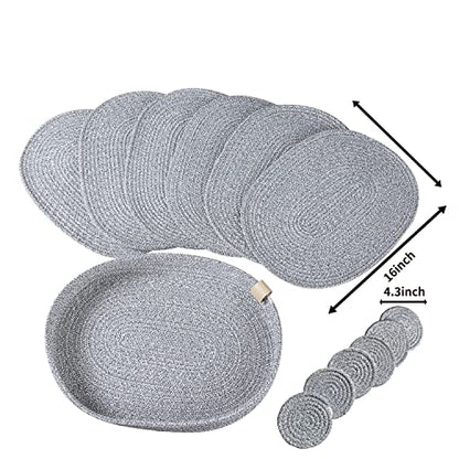 13-Piece Oval Cotton Rope Placemat Set, Coasters, Heather Gray | 16 x 12 inch, machine washable, thick woven construction, everyday heat protection - color: Heather Gray, size: 16*12 Plus 6 coasters