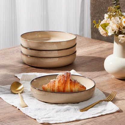 E-far Stoneware Pasta Bowls Set of 4, 35oz Double Reactive Glaze | Wide & Shallow Ceramic Pasta Plates for Serving Salad Soup Dinner, Dishwasher & Microwave Safe, Sandy Beige - color: Sandy Khaki