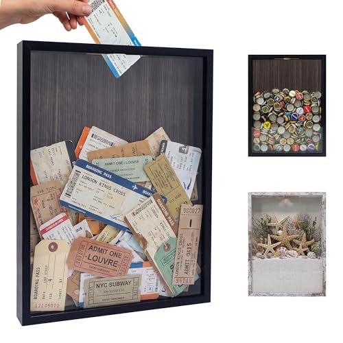 GraduationMall 12x16 Top Loading Shadow Box Frame with HD Glass,Wood Display Case with Slot,1.25 inches Interior Depth,Ideal for Wine Bottle Caps,Tickets,Shells,Stamps and More,White - color: Black, size: 12x16
