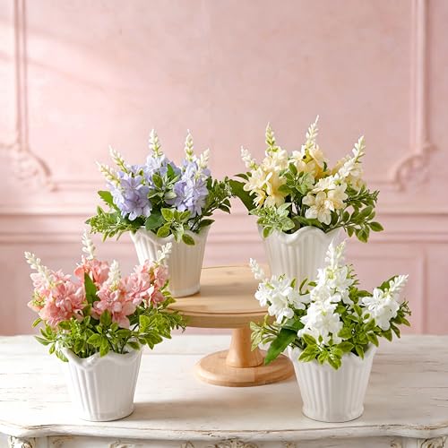 4PCS Artificial Spring Flowers with Ceramic Pot, Spanish Dagger Plants | Centerpiece Table Decorations – Faux Flowers in Ceramic Vase for Dining Table, Coffee Table, Home, Office & Spring Decor