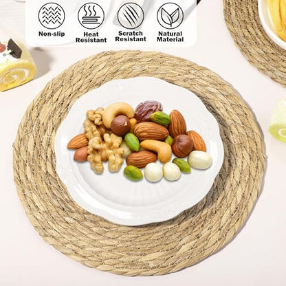 Elcoho 40 Pieces Round Woven Placemats 12 Inch Boho Rattan Placemats Farmhouse Braided Place Mats Woven Plate Chargers Rustic Wicker Table Mats for Dining Table - size: 12 Inch