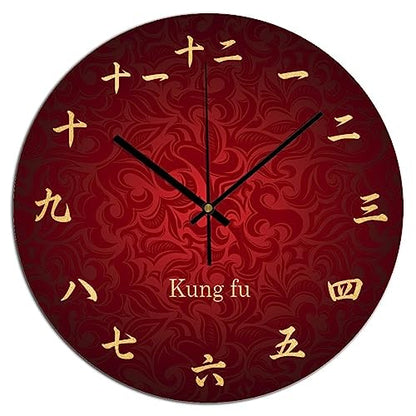 Chinese Calligraphy Kong Fu Wall Clock 12x12 Inch Living Room PVC Clock Silent Non Ticking Modern Easy to Read PVC Clock for Kitchen Classroom Kids Room - color: Style-7, size: 12x12in（black）