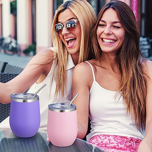 COMOOO Stainless Steel Wine Tumbler Bulk with Lid and Straw 12oz Double Wall Vacuum Insulated Travel Tumbler Cup Stemless for Hot and Cold Drinks, Coffee, Wine, Cocktails (Light Purple, 8 Pack) - color: Light Purple