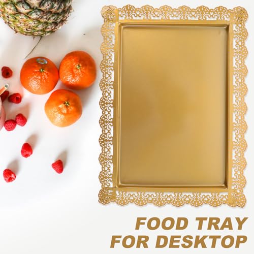 Ipetboom Rectangular Iron Serving Tray Decorative Food Plate with Hollow Lace Edge Gold Finish Multi-functional Fruit and Snack Display Dish for Home Entertaining