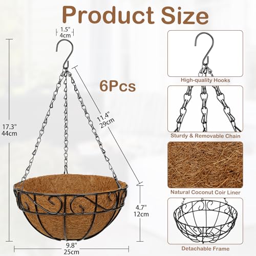 6 Pack 10 inch Metal Hanging Baskets for Plants, Round Metal Wire Hanging Basket Planter with Coco Fiber Liners Chain for Garden Home Porch Patio, Flower Border - size: 10" x 6 Pack, style: Flower Border