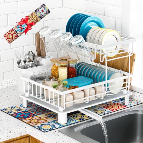 Large 2 Tier Detachable Dish Drying Rack for Kitchen Counter,White | Compact Dish Drainer, Rust-Resistant Dish Rack with Drainboard, Utensil Holder, Cup Holder for Small Space,Kitchen Organizer - color: 2 Tier-white
