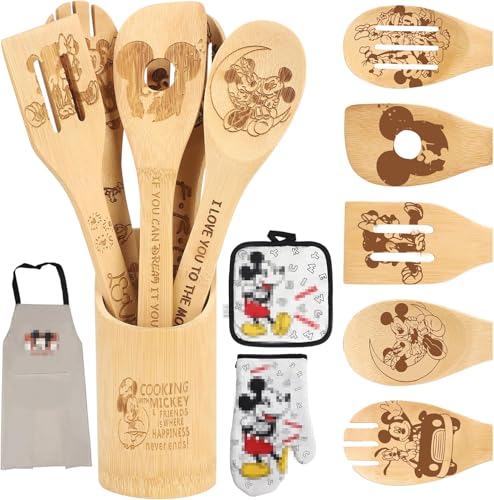 Wooden Spoon for Cooking- Cartoon Wooden Spoons Bamboo Utensils Set Kitchen Decoration- Birthday Gift Kitchen Accessory with Cute Apron Oven Mitt Potholder- Best Kitchen Gifts for Women Friends (Grey) - color: Gray