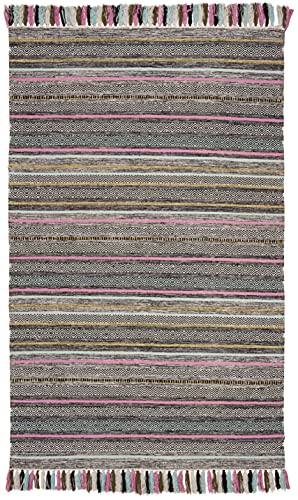 SAFAVIEH Montauk Collection Area Rug - 5' x 8', Black & Multi, Handmade Boho Stripe Fringe Cotton, Ideal for High Traffic Areas in Living Room, Bedroom (MTK901B) - color: Black/Multi, size: 5' x 8' (Rectangular)