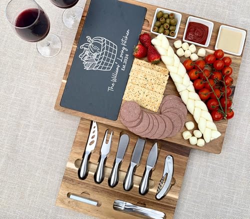 Acacia Wood Charcuterie Board Gift Set – Engraved Slate Cheese Platter with 19-Piece Stainless Steel Utensil Drawer – Wedding & Holiday Entertaining Gift Thanksgiving Gift - color: Design #32