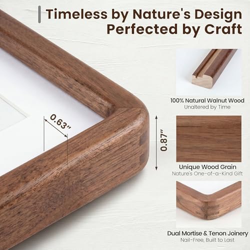 Acovy 12x12in Picture Frame, Natural Solid Walnut | Handcrafted Wooden Photo Frame, Dual Use for Wall Mount, Matted to Fit 8"x8" Photos, HD Tempered Glass - color: Walnut, size: 12x12in