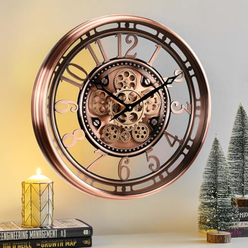 21" Large Moving Gear Wall Clock for Living Room Decor,Copper | SIilent Non Ticking, Aluminum Arabic Numeral, Unique Modern Wall Clock for Dinning Room, Entryway & Home Office - color: Arabic Copper, size: 21"